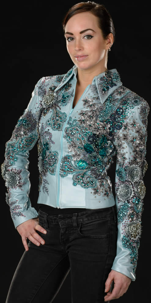 light blue pearlized lambskin jeweled show jacket designed by Riding High USA